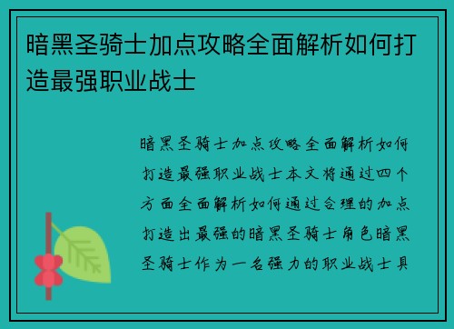 暗黑圣骑士加点攻略全面解析如何打造最强职业战士